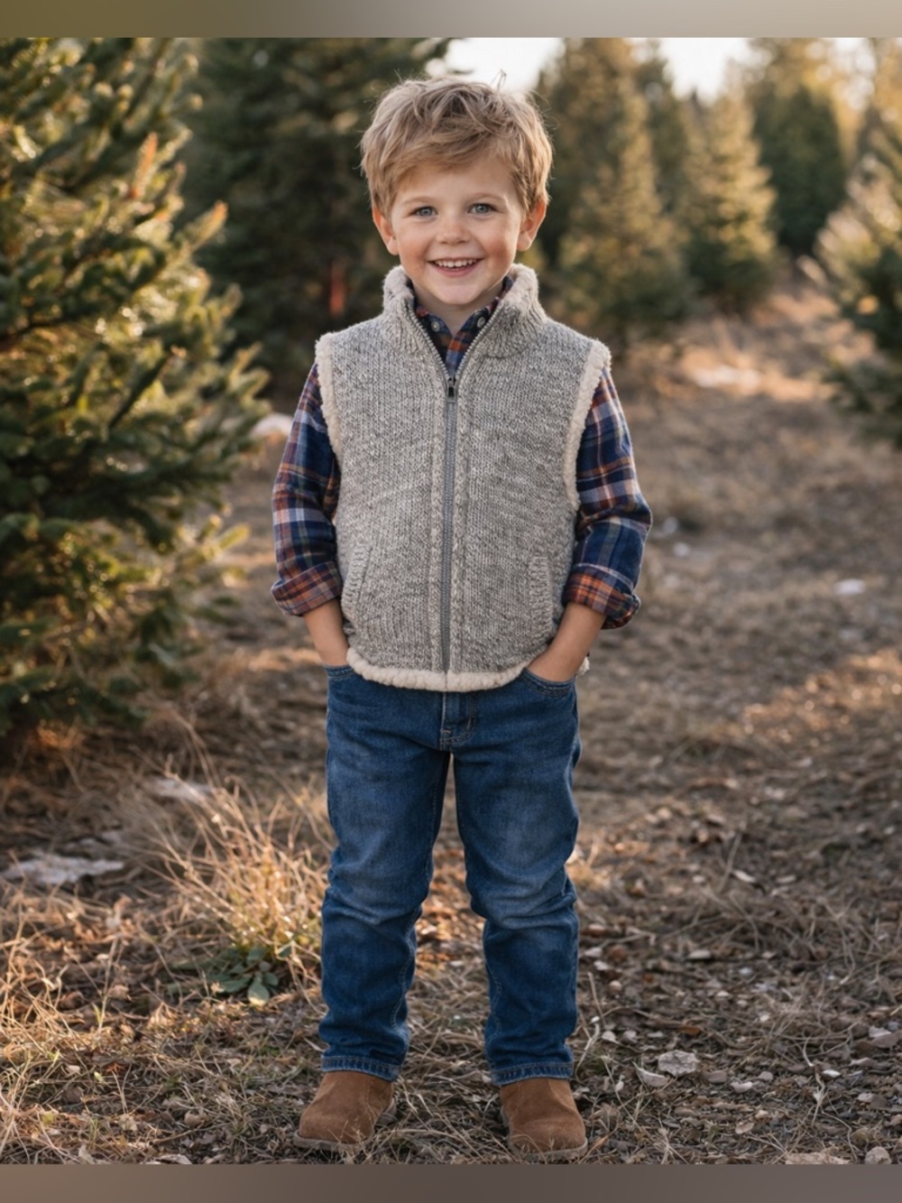 Vtg OshKosh Gray Knit Sherpa Vest Kid Boy Sz 5 USA Made Grandpa
